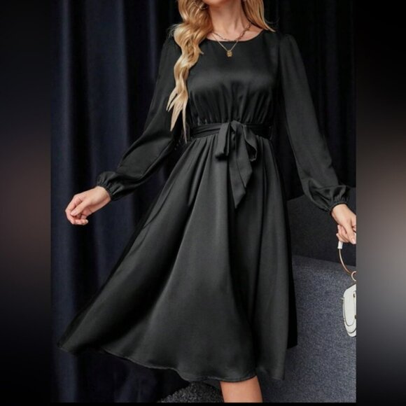 Luxe lantern sleeve belted dress - Picture 7 of 15